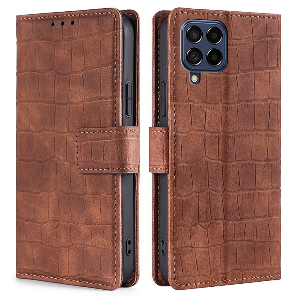 For Samsung Galaxy M53 5G Drop-proof PU Leather Skin-touch Feeling Phone Shell Crocodile Texture Adjustable Stand Wallet Case - Brown-1