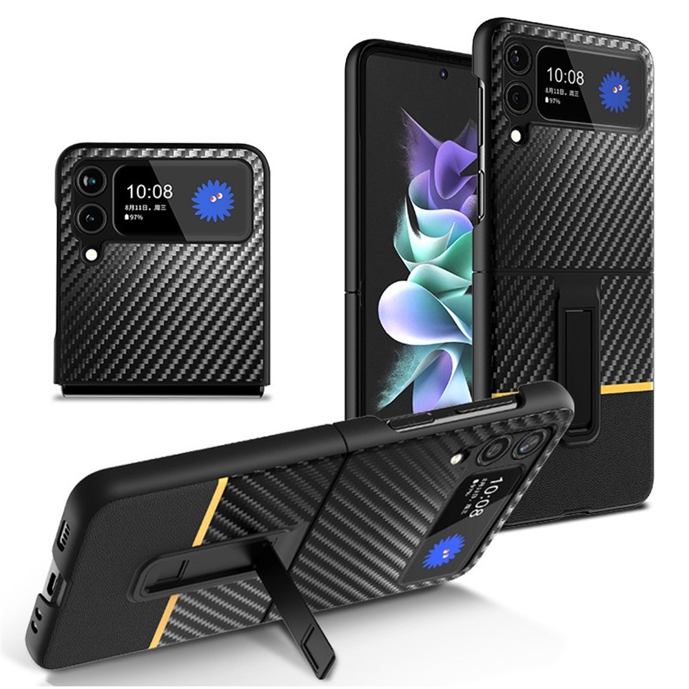 For Samsung Galaxy Z Flip3 5G Contrast Color Carbon Fiber Texture Kickstand PC+Leather Phone Case - Yellow-1