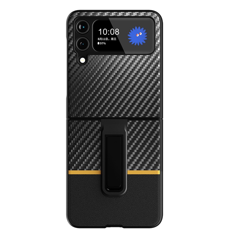 For Samsung Galaxy Z Flip3 5G Contrast Color Carbon Fiber Texture Kickstand PC+Leather Phone Case - Yellow-2