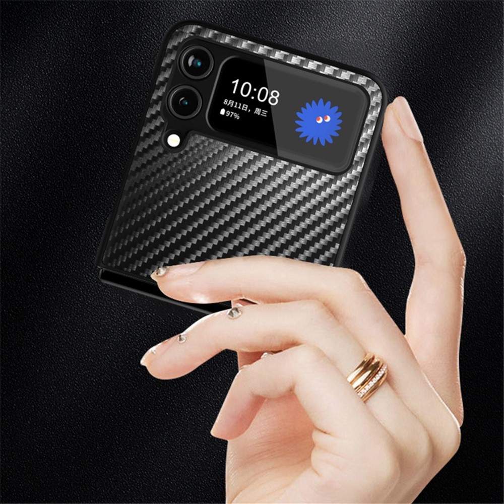 For Samsung Galaxy Z Flip3 5G Contrast Color Carbon Fiber Texture Kickstand PC+Leather Phone Case - Yellow-5