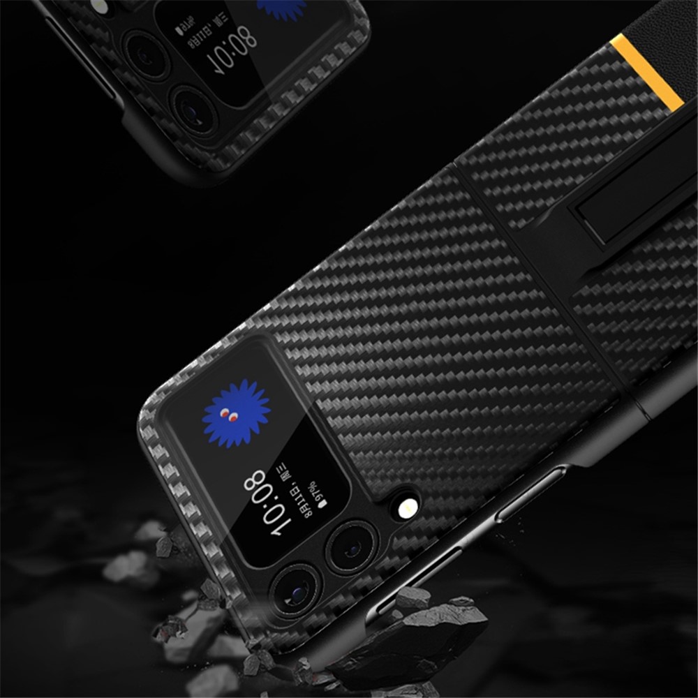 For Samsung Galaxy Z Flip3 5G Contrast Color Carbon Fiber Texture Kickstand PC+Leather Phone Case - Yellow-6
