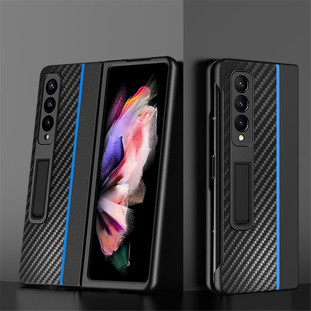 For Samsung Galaxy Z Fold3 5G PC+Leather Shockproof Contrast Color Carbon Fiber Texture Kickstand Phone Case - Blue-2