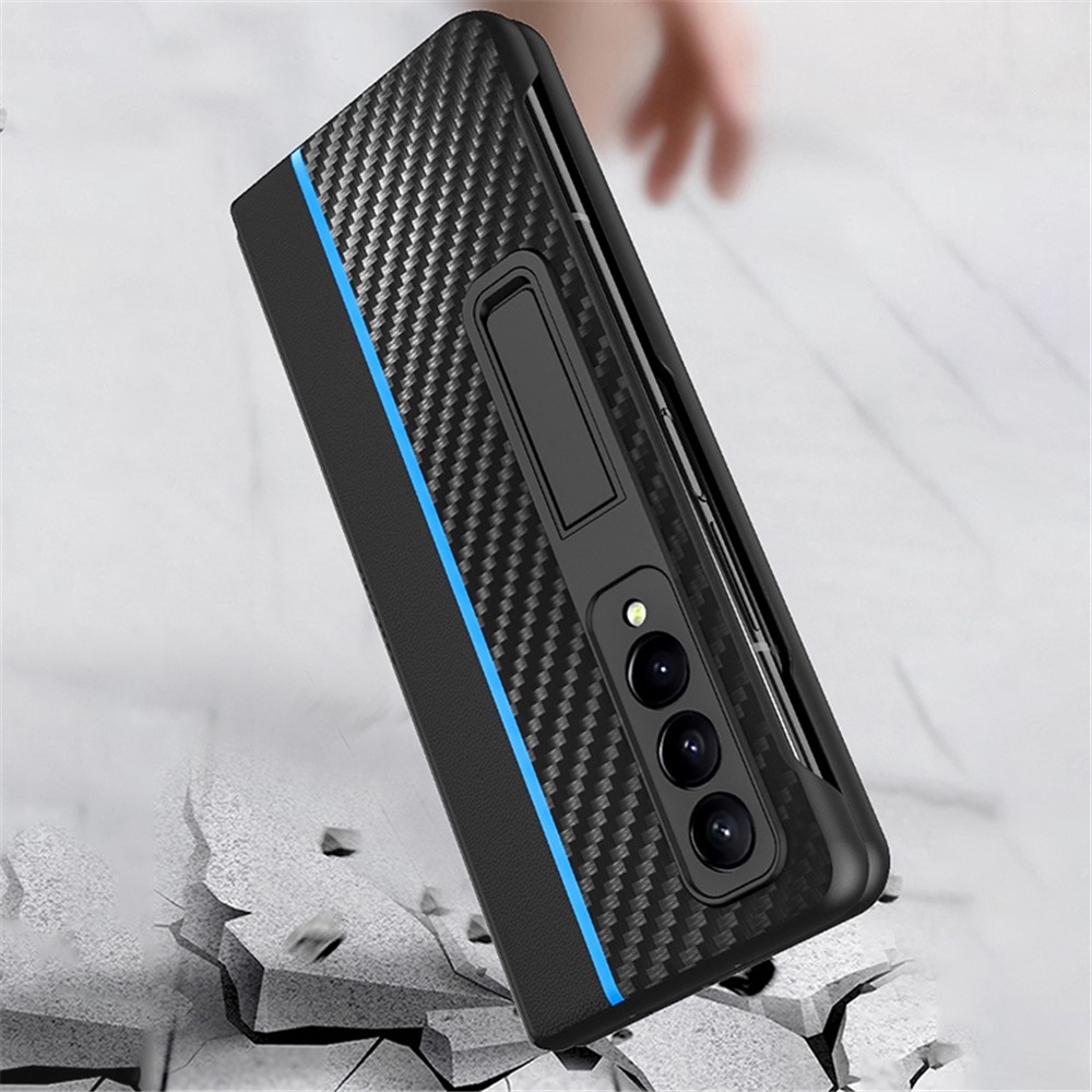 For Samsung Galaxy Z Fold3 5G PC+Leather Shockproof Contrast Color Carbon Fiber Texture Kickstand Phone Case - Blue-5