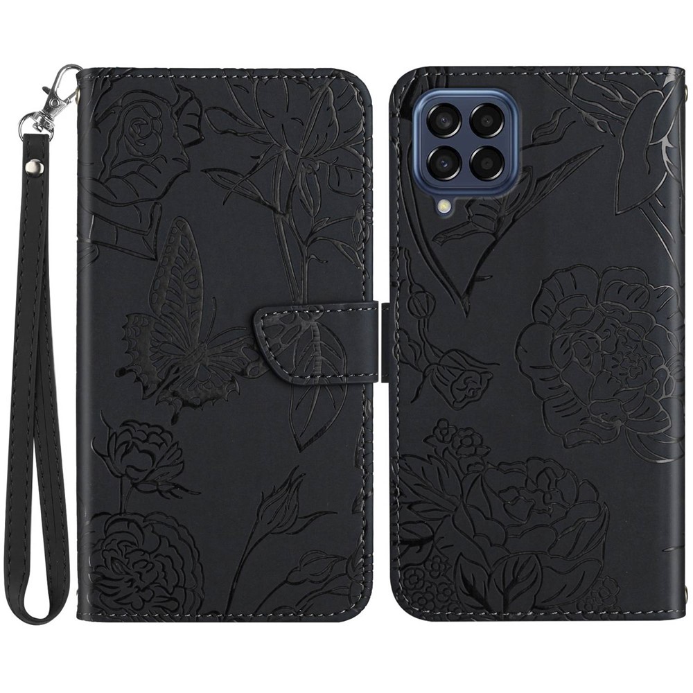 For Samsung Galaxy M33 5G (Global Version) Stand Wallet Phone Case Imprinting Butterfly Flowers PU Leather + TPU Cover with Handy Strap - Black-1