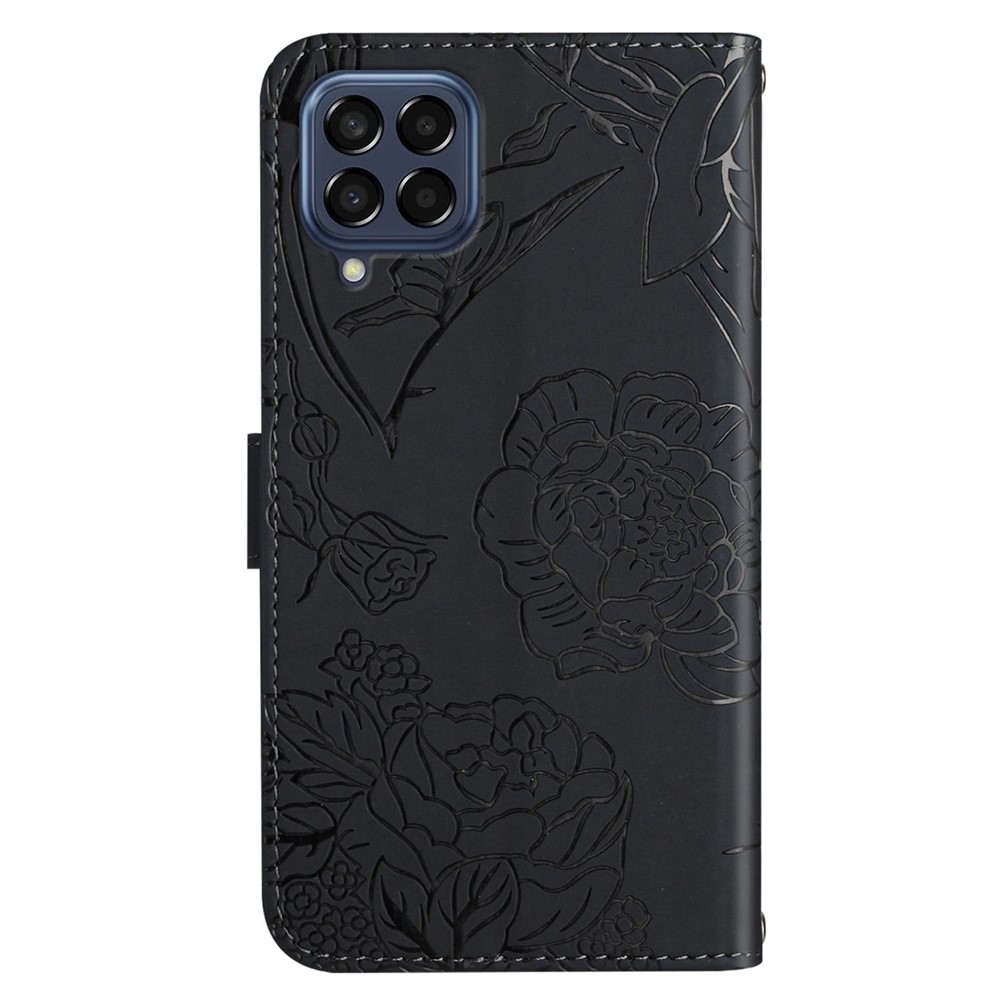 For Samsung Galaxy M53 5G Imprinting Butterfly Flowers PU Leather Case Stand Wallet Flip Phone Cover with Handy Strap - Black-10