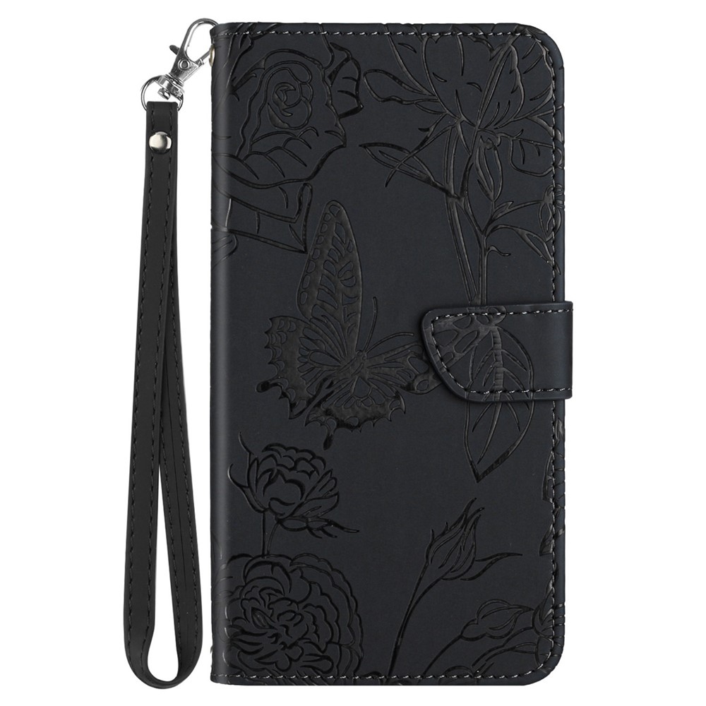 For Samsung Galaxy M53 5G Imprinting Butterfly Flowers PU Leather Case Stand Wallet Flip Phone Cover with Handy Strap - Black-9