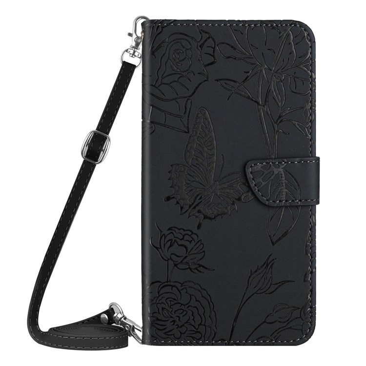 For Samsung Galaxy Xcover Pro 2 Imprinted Butterfly Flowers Skin Feel PU Leather Case Shoulder Strap Wallet Stand Feature Flip Book Cover - Black-10
