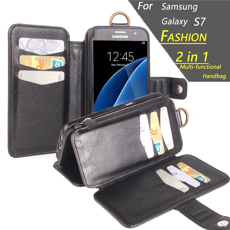 2 in 1 Multi-slot Zipper Wallet Litchi Leather Cover for Samsung Galaxy S7 G930 - Black-1