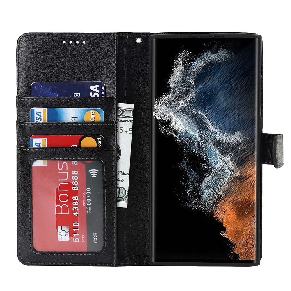 For Samsung Galaxy S22 Ultra 5G Wallet Case R61 Texture Felled Seam PU Leather Anti-Fall Stand Magnetic Phone Cover with Wrist Strap - Black-2