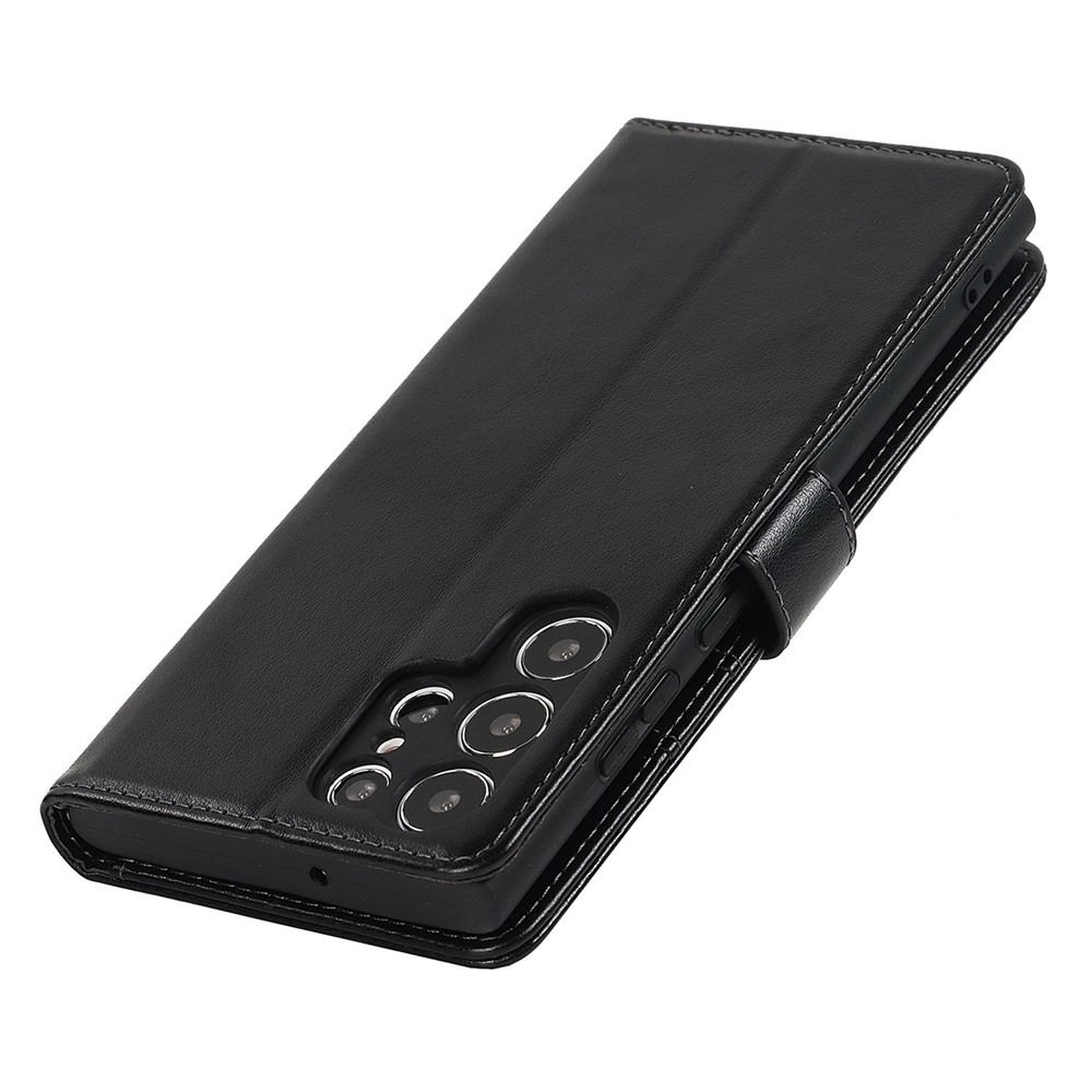 For Samsung Galaxy S22 Ultra 5G Wallet Case R61 Texture Felled Seam PU Leather Anti-Fall Stand Magnetic Phone Cover with Wrist Strap - Black-6