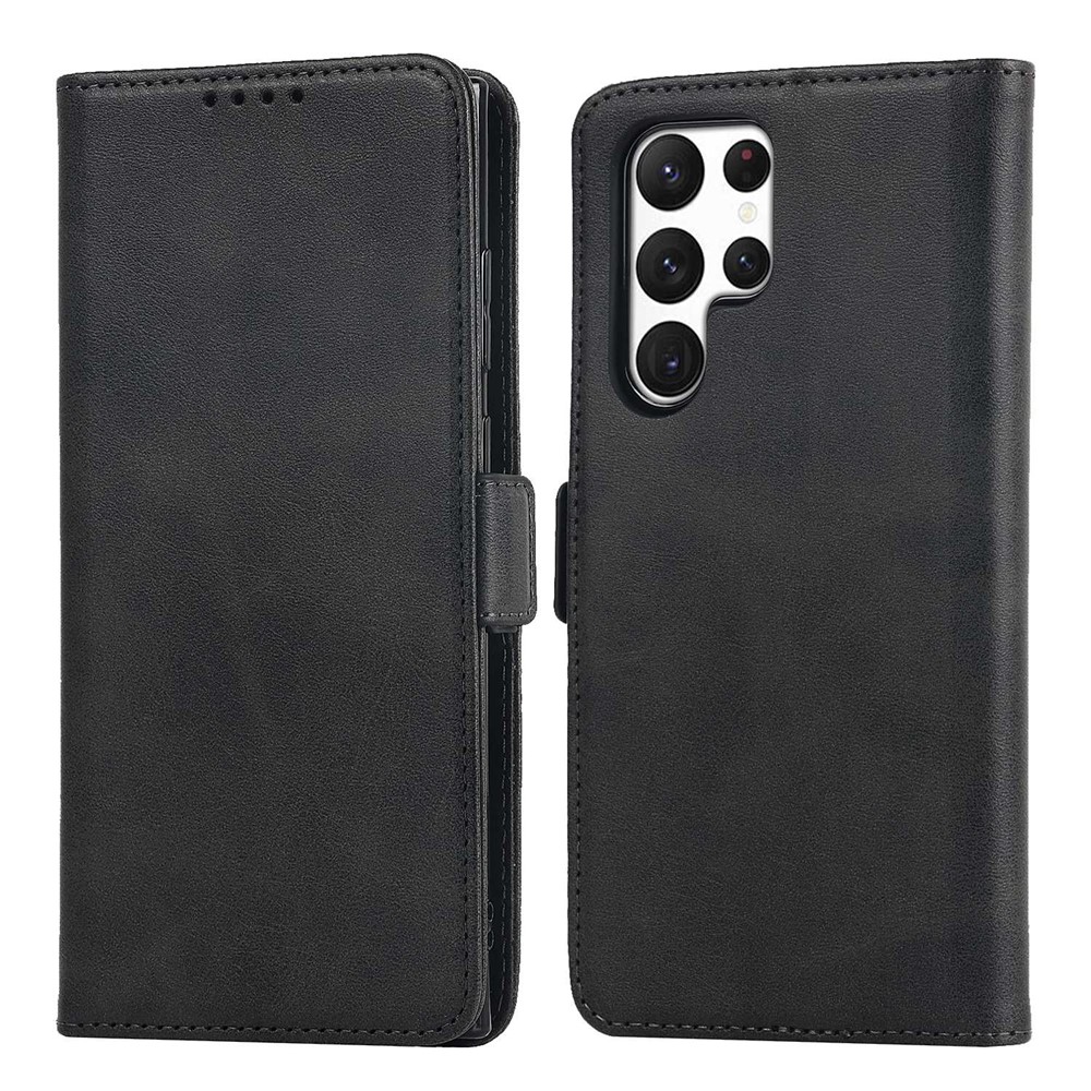 For Samsung Galaxy S22 Ultra 5G PU Leather Flip Wallet Case Wrist Strap Stand Double Magnetic Clasp Shockproof Cover - Black-1