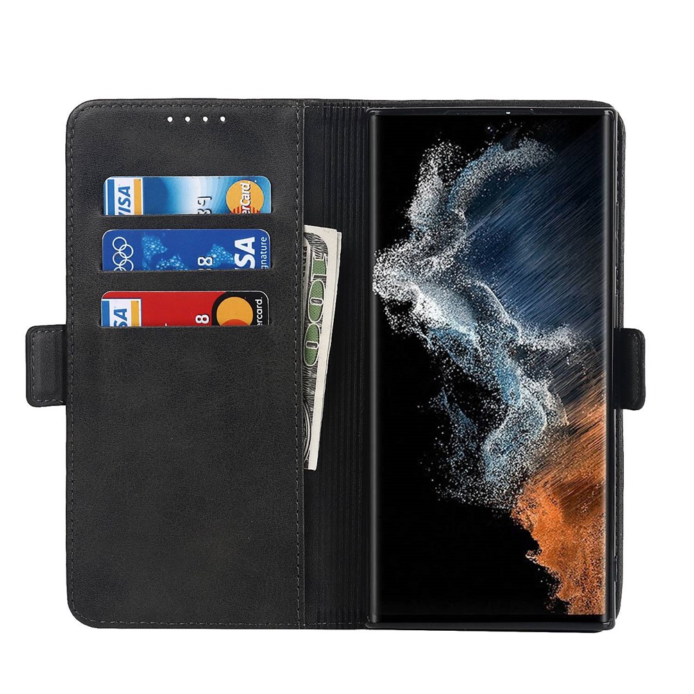 For Samsung Galaxy S22 Ultra 5G PU Leather Flip Wallet Case Wrist Strap Stand Double Magnetic Clasp Shockproof Cover - Black-2
