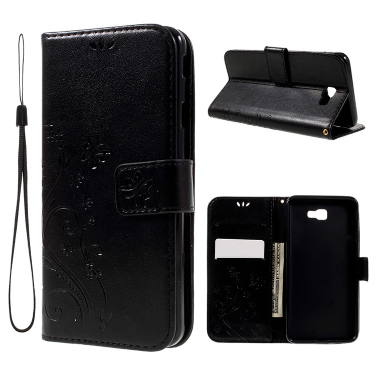 Imprint Butterfly Leather Wallet Cover for Samsung Galaxy On7 2016/J7 Prime - Black-1