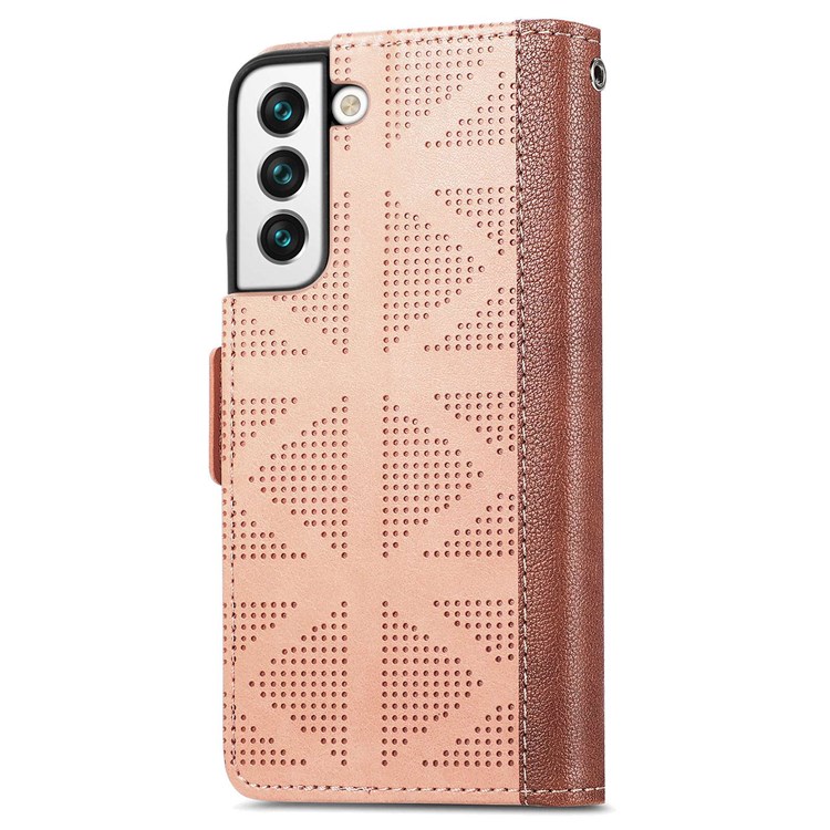 For Samsung Galaxy S22 5G PU Leather Cross Rhombus Imprinted Double Magnetic Clasp Phone Case with Wallet Stand - Khaki-10