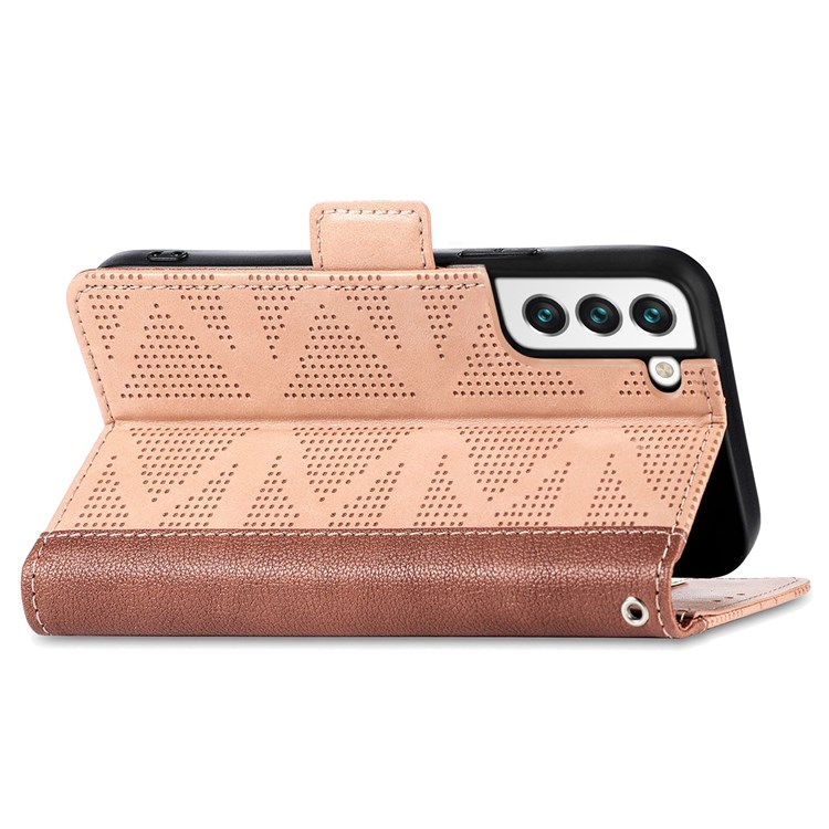 For Samsung Galaxy S22 5G PU Leather Cross Rhombus Imprinted Double Magnetic Clasp Phone Case with Wallet Stand - Khaki-4