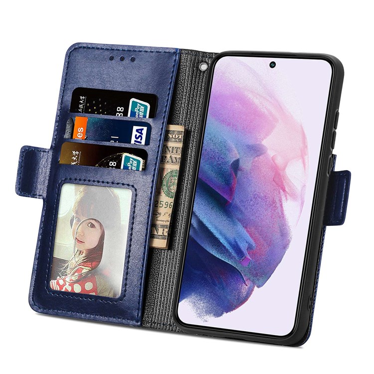 For Samsung Galaxy S22+ 5G Cross Rhombus Imprinted Phone Case PU Leather Wallet Stand Folio Flip Cover - Blue-2