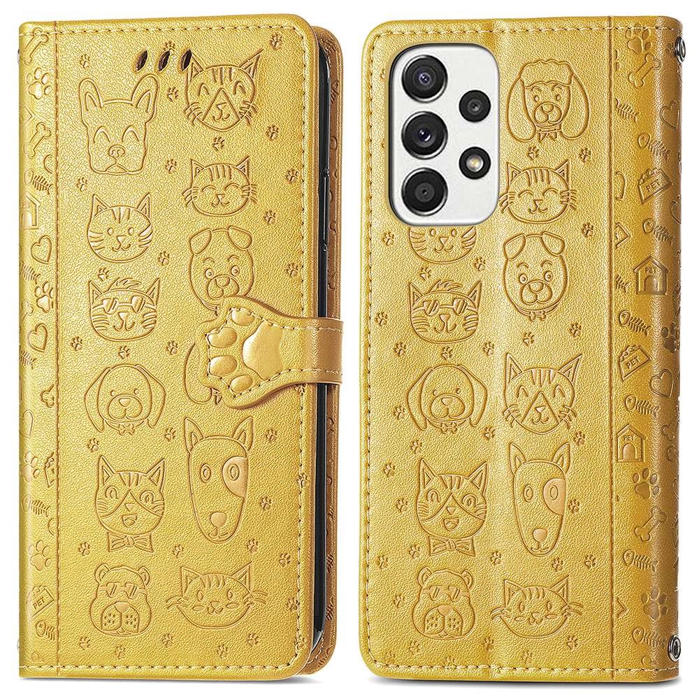 For Samsung Galaxy A32 4G (EU Version) PU Leather Wallet Case Cat Dog Pattern Imprinted Drop-proof Magnetic Clasp Stand Cover - Yellow-1