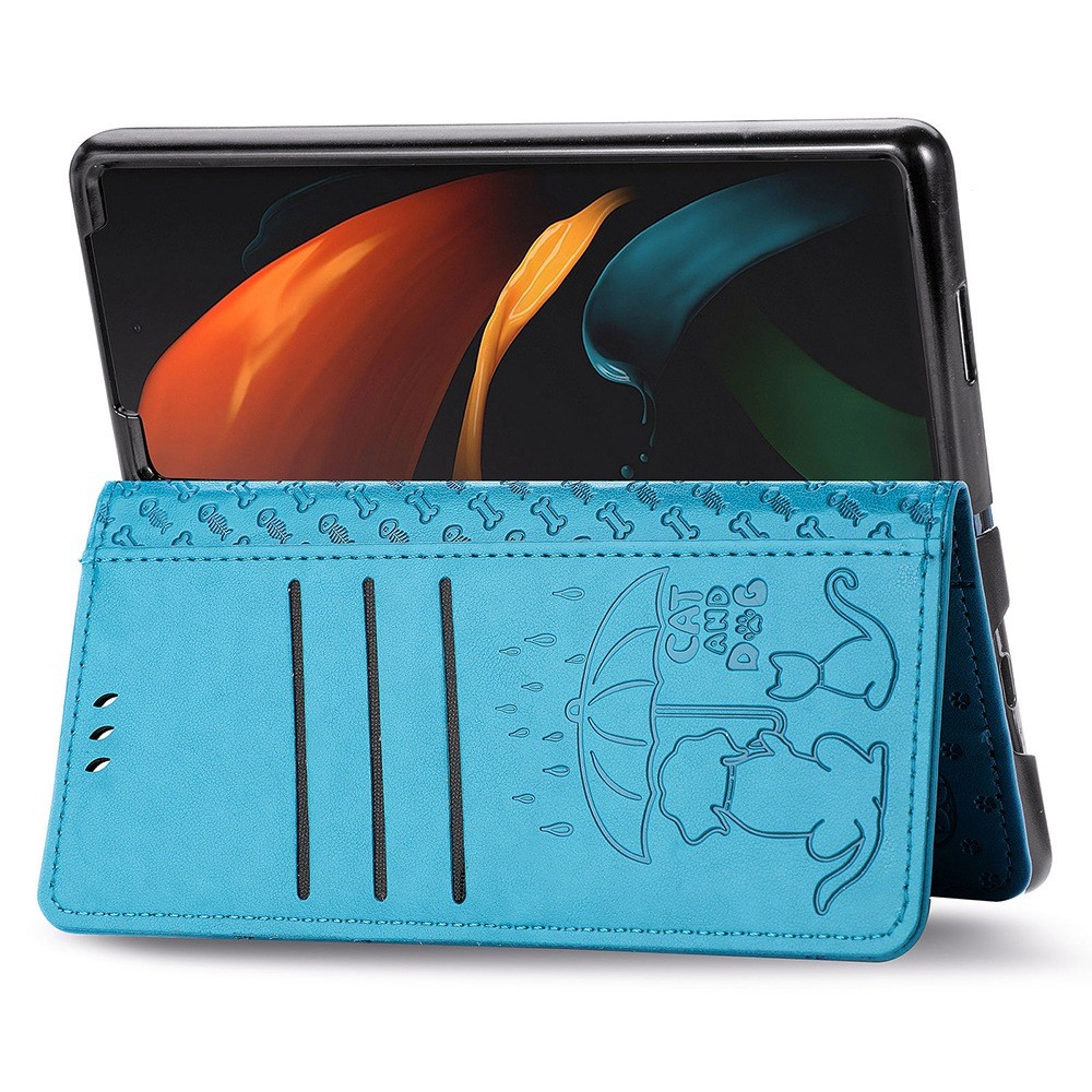 For Samsung Galaxy Z Fold3 5G PU Leather Phone Protective Case Cat Dog Pattern Imprinted Magnetic Clasp Shockproof Cover with Stand Wallet - Blue-4