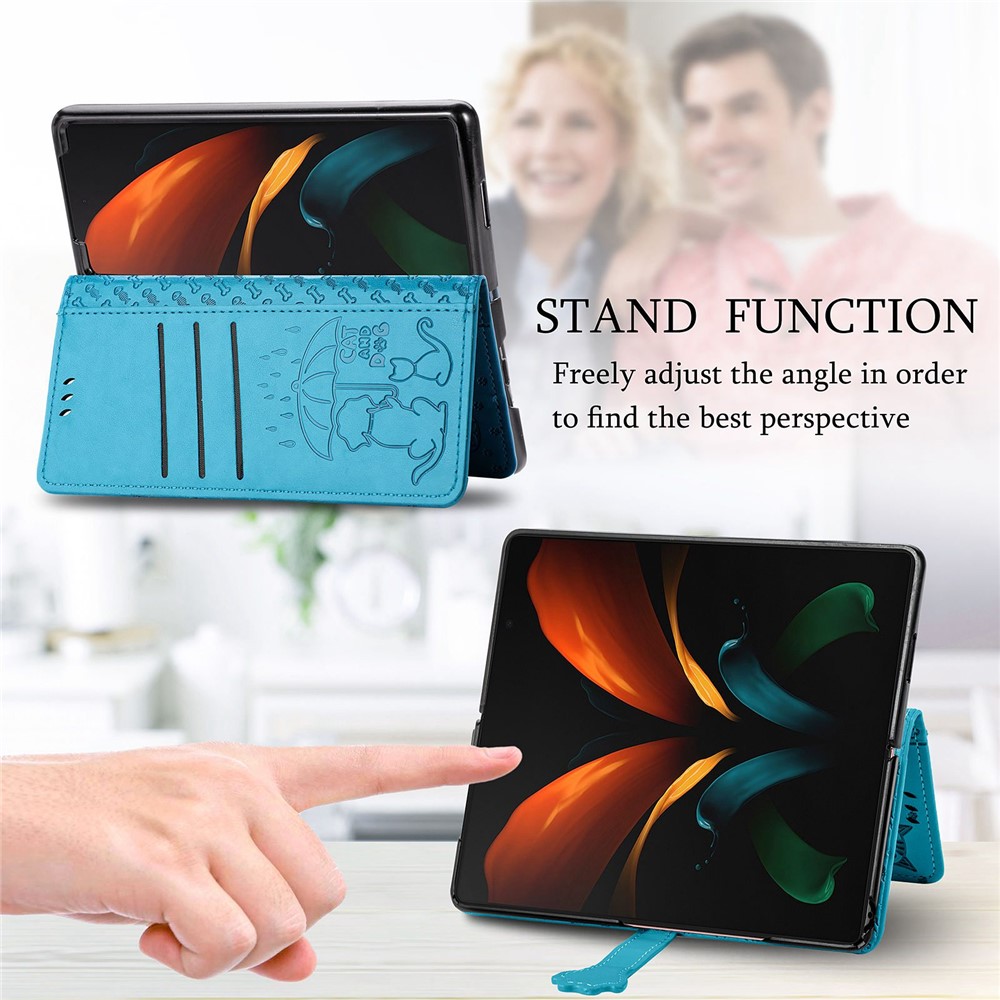 For Samsung Galaxy Z Fold3 5G PU Leather Phone Protective Case Cat Dog Pattern Imprinted Magnetic Clasp Shockproof Cover with Stand Wallet - Blue-9