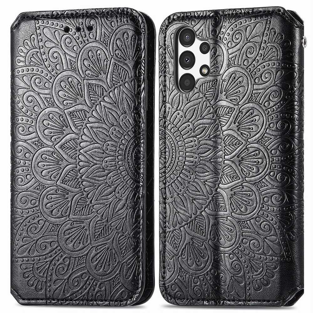 For Samsung Galaxy A13 4G Mandala Flower Imprinted PU Leather Full-protection Phone Case Magnetic Auto-closing Folio Flip Stand Wallet Cover - Black-1