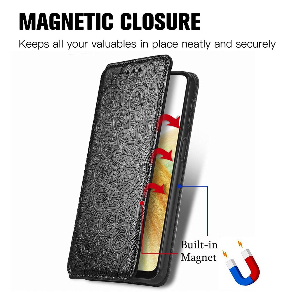 For Samsung Galaxy A13 4G Mandala Flower Imprinted PU Leather Full-protection Phone Case Magnetic Auto-closing Folio Flip Stand Wallet Cover - Black-4