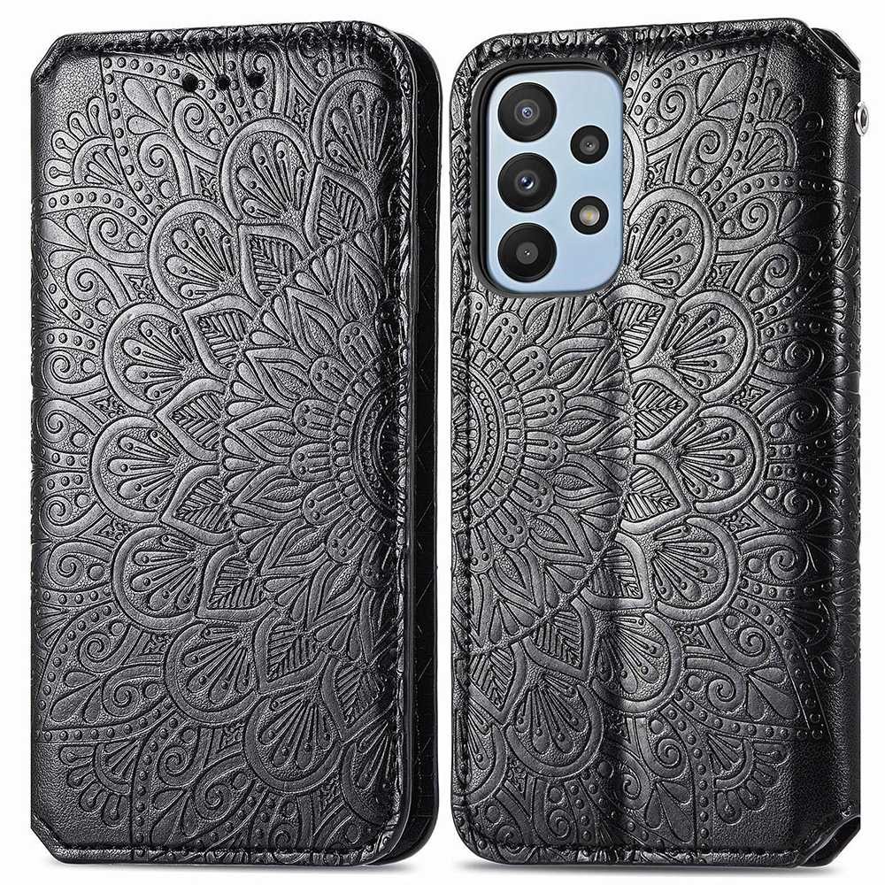 For Samsung Galaxy A23 4G (165.4 x 76.9 x 8.4mm) Imprinted Mandala Pattern PU Leather Phone Case Magnetic Absorption Stand Wallet Feature Folio Flip Cover - Black-1