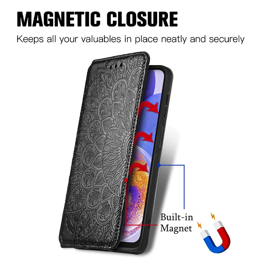 For Samsung Galaxy A23 4G (165.4 x 76.9 x 8.4mm) Imprinted Mandala Pattern PU Leather Phone Case Magnetic Absorption Stand Wallet Feature Folio Flip Cover - Black-4