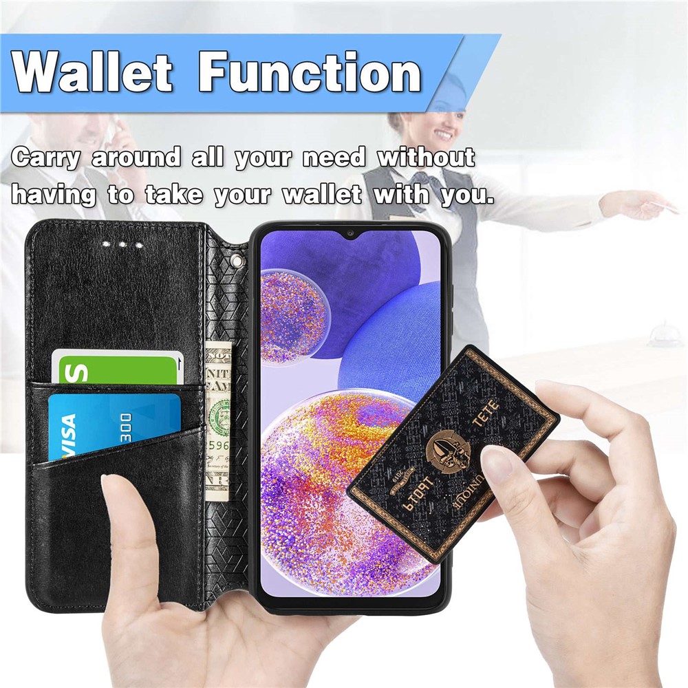 For Samsung Galaxy A23 4G (165.4 x 76.9 x 8.4mm) Imprinted Mandala Pattern PU Leather Phone Case Magnetic Absorption Stand Wallet Feature Folio Flip Cover - Black-5