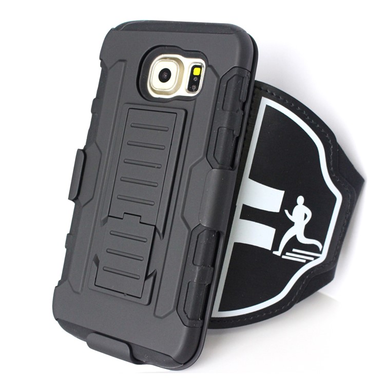 For Samsung Galaxy S6 G920 3-in-1 Shock-proof ArmBand Cover PC + Silicone Kickstand Case with Slot - Black-1