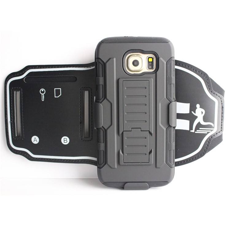 For Samsung Galaxy S6 G920 3-in-1 Shock-proof ArmBand Cover PC + Silicone Kickstand Case with Slot - Black-2