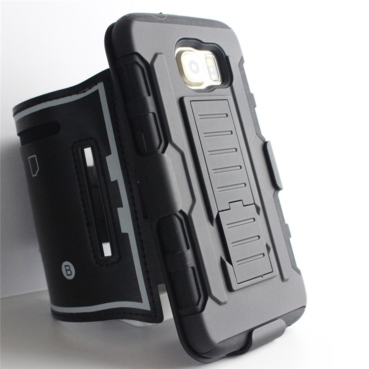 For Samsung Galaxy S6 G920 3-in-1 Shock-proof ArmBand Cover PC + Silicone Kickstand Case with Slot - Black-3