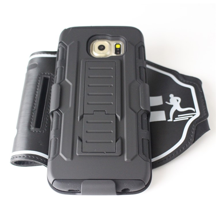 For Samsung Galaxy S6 G920 3-in-1 Shock-proof ArmBand Cover PC + Silicone Kickstand Case with Slot - Black-4