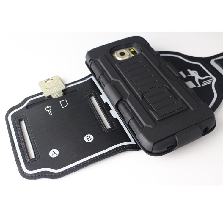 For Samsung Galaxy S6 G920 3-in-1 Shock-proof ArmBand Cover PC + Silicone Kickstand Case with Slot - Black-7
