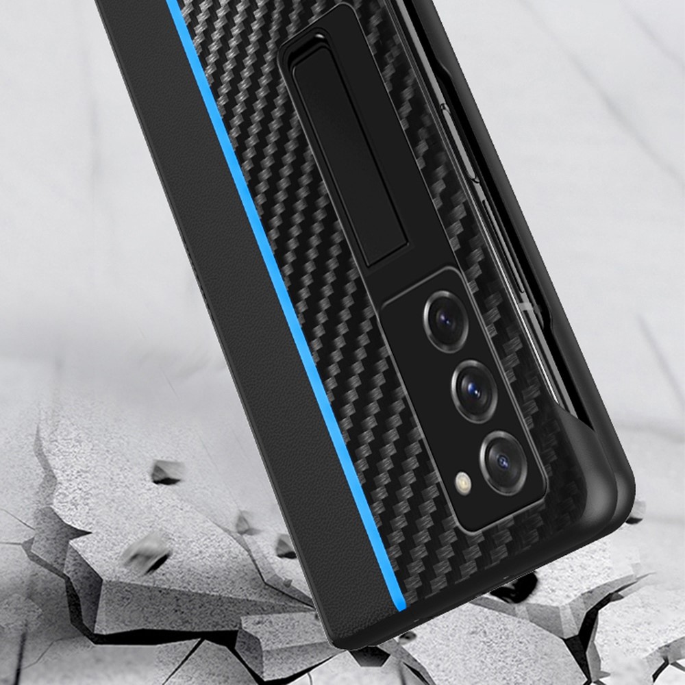 Carbon Fiber Texture Hard PC Phone Cover Case for Samsung Galaxy Z Fold2 5G, Kickstand Design Folding Phone Case - Blue-4