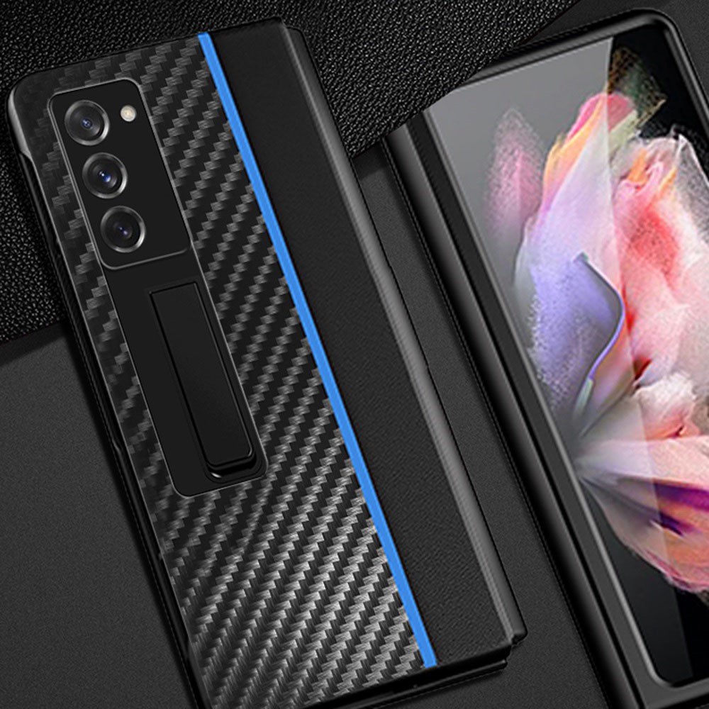 Carbon Fiber Texture Hard PC Phone Cover Case for Samsung Galaxy Z Fold2 5G, Kickstand Design Folding Phone Case - Blue-6