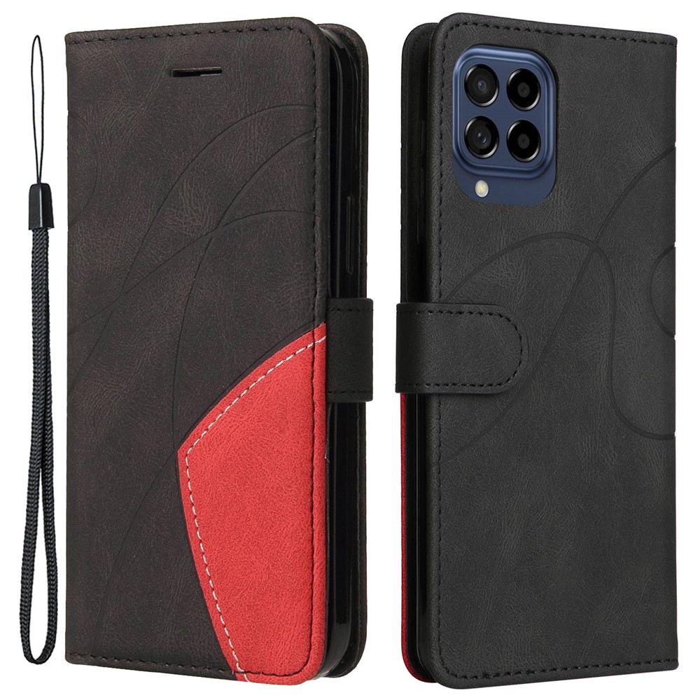 For Samsung Galaxy M53 5G KT Leather Series-1 Fashionable Wallet Style Dual-color Splicing PU Leather Phone Case Stand Shell with Strap - Black-1
