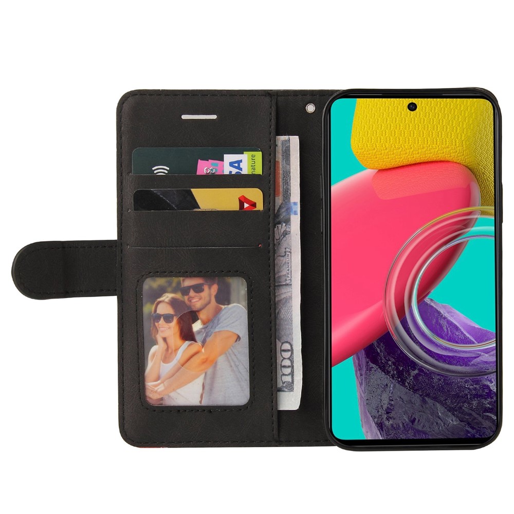 For Samsung Galaxy M53 5G KT Leather Series-1 Fashionable Wallet Style Dual-color Splicing PU Leather Phone Case Stand Shell with Strap - Black-2