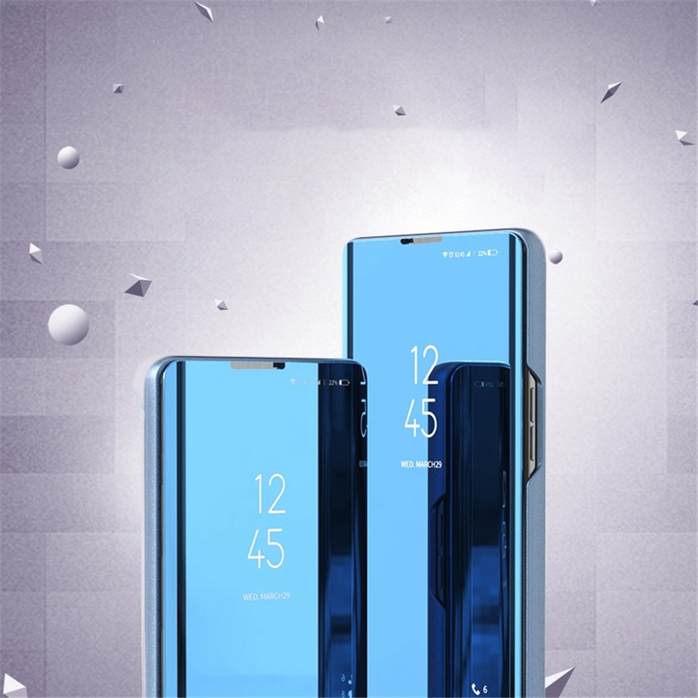 For Samsung Galaxy M33 5G (Global Version) View Window Electroplate Plating Stand Case Mirror Surface PU Leather Full Body Protective Flip Cover - Sky Blue-7