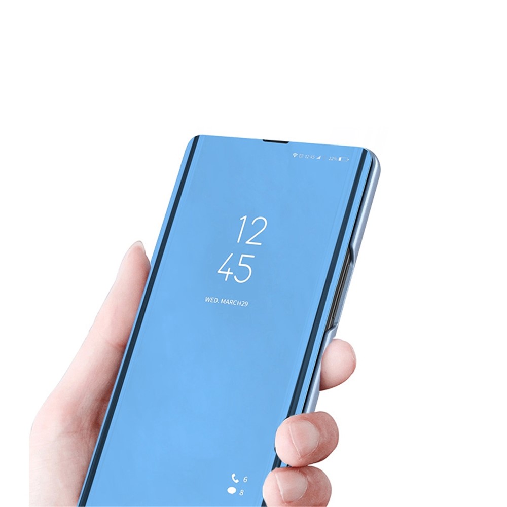 For Samsung Galaxy M23 5G/F23 5G PU Leather Window View Stand Feature Case Mirror Screen Flip Electroplate Plating Cover - Sky Blue-4