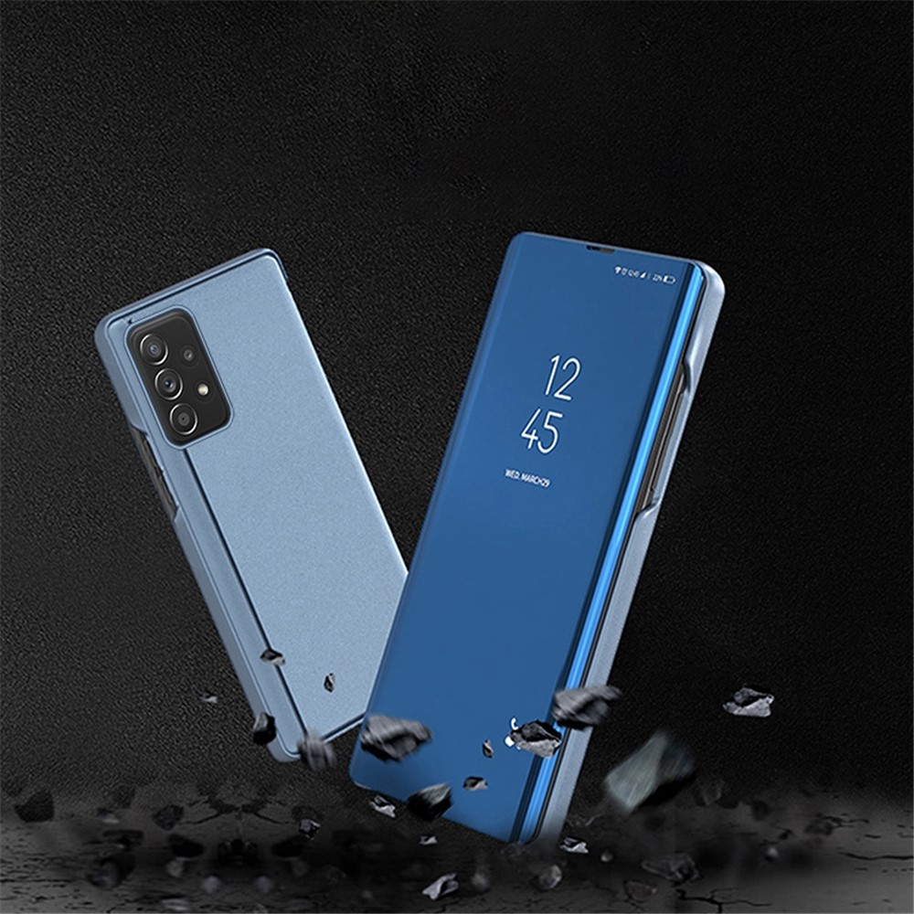 For Samsung Galaxy A53 5G View Window Electroplate Plating Case PU Leather Stand Full Body Protective Mirror Flip Folio Cover - Sky Blue-3