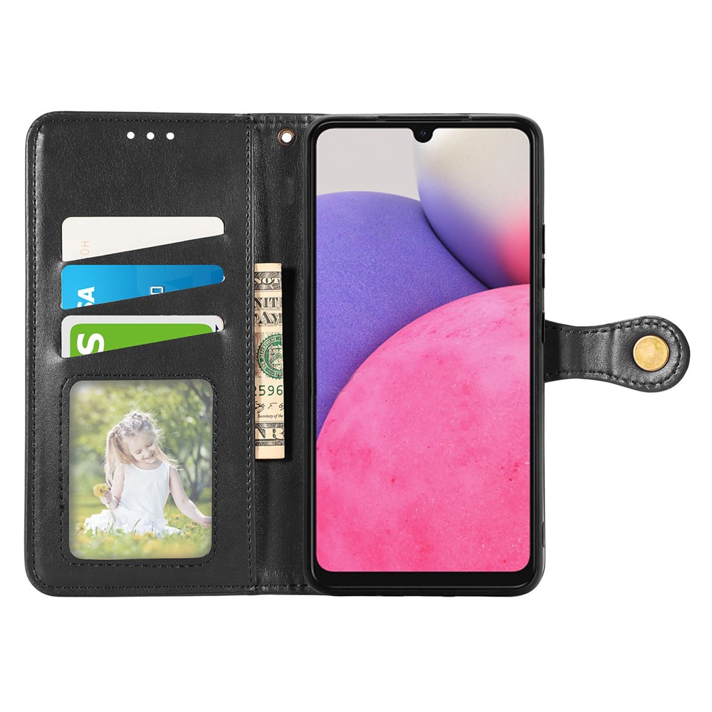 For Samsung Galaxy A23 4G (165.4 x 76.9 x 8.4mm) PU Leather Wallet Flip Cover Stand Feature Magnetic Round Buckle Protective Case - Black-2