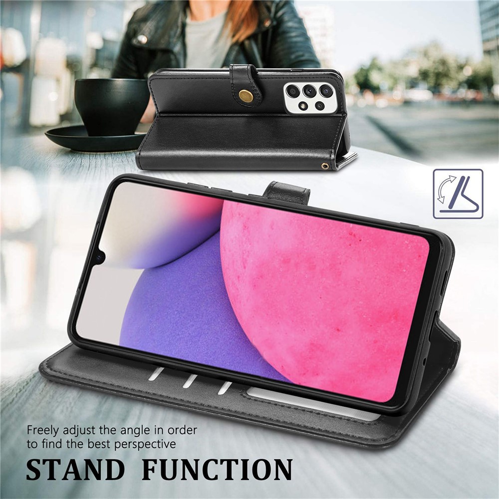 For Samsung Galaxy A23 4G (165.4 x 76.9 x 8.4mm) PU Leather Wallet Flip Cover Stand Feature Magnetic Round Buckle Protective Case - Black-4