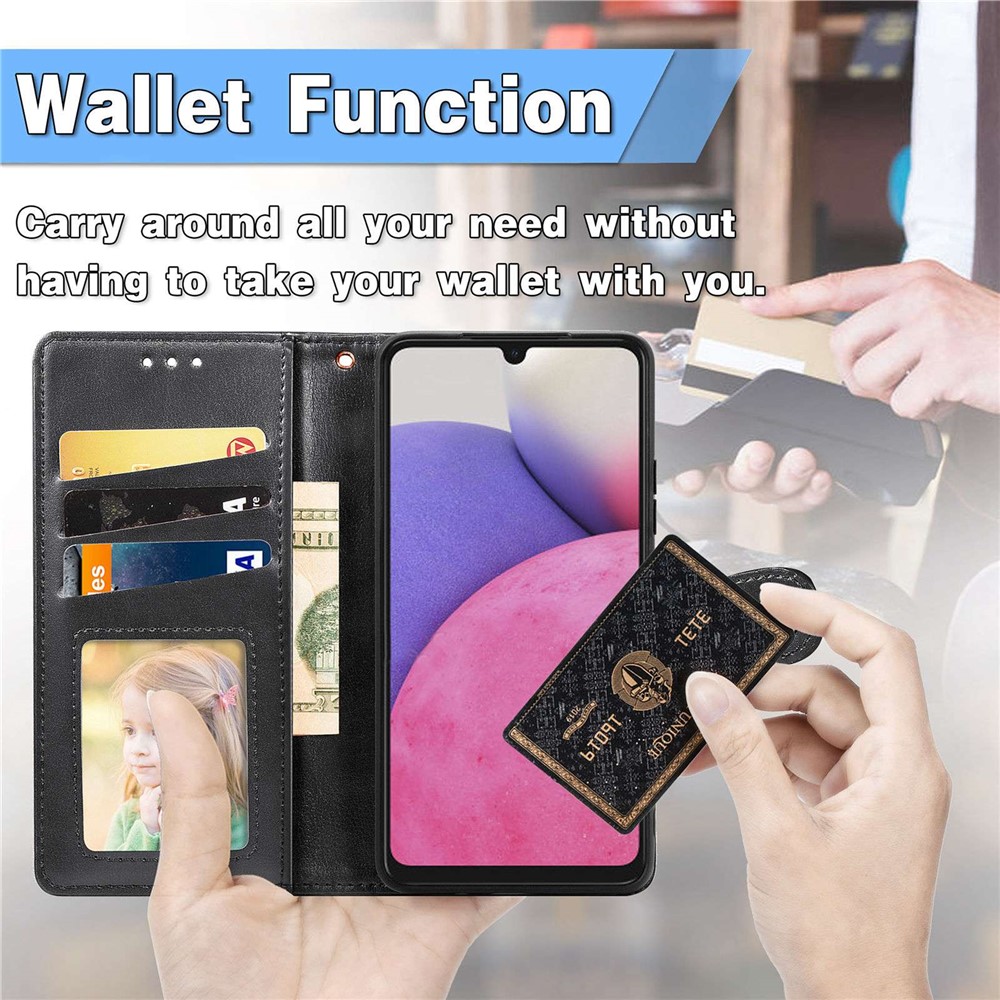 For Samsung Galaxy A23 4G (165.4 x 76.9 x 8.4mm) PU Leather Wallet Flip Cover Stand Feature Magnetic Round Buckle Protective Case - Black-5
