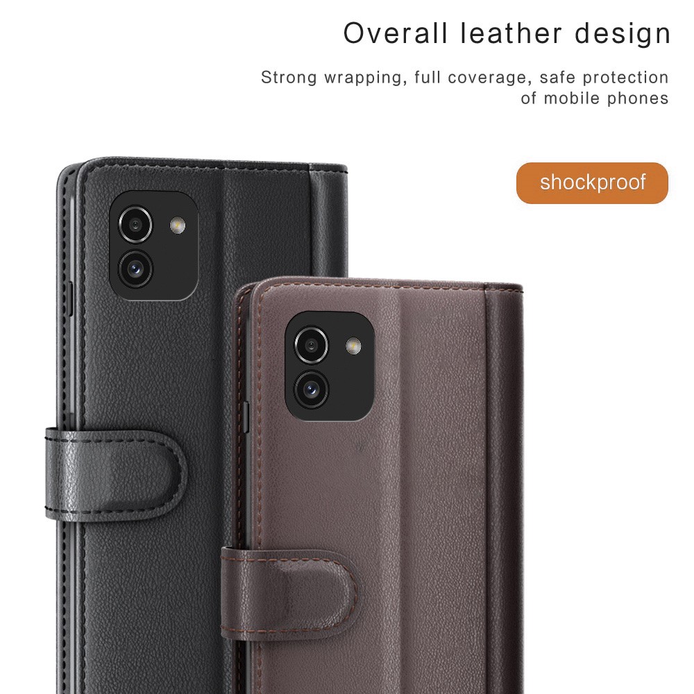 For Samsung Galaxy A03 (166.5 x 75.98 x 9.14mm) Genuine Split Leather Flip Case Stand Wallet Shockproof Full Protection Magnetic Cover - Brown-6