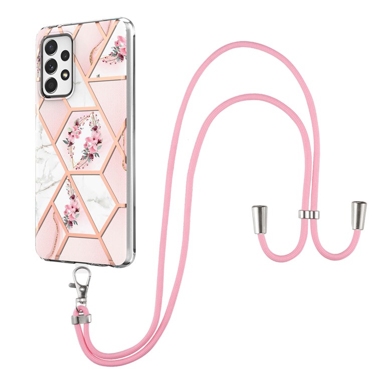 YB IMD Série-4 Para Samsung Galaxy A13 4G Ultra-slim-slim Resistente a Desgaste IMD IML Eletroplatação de Mármore Padrão de Flor Soft TPU Celular Caixa Com Cordão - Flores Cor de Rosa-2