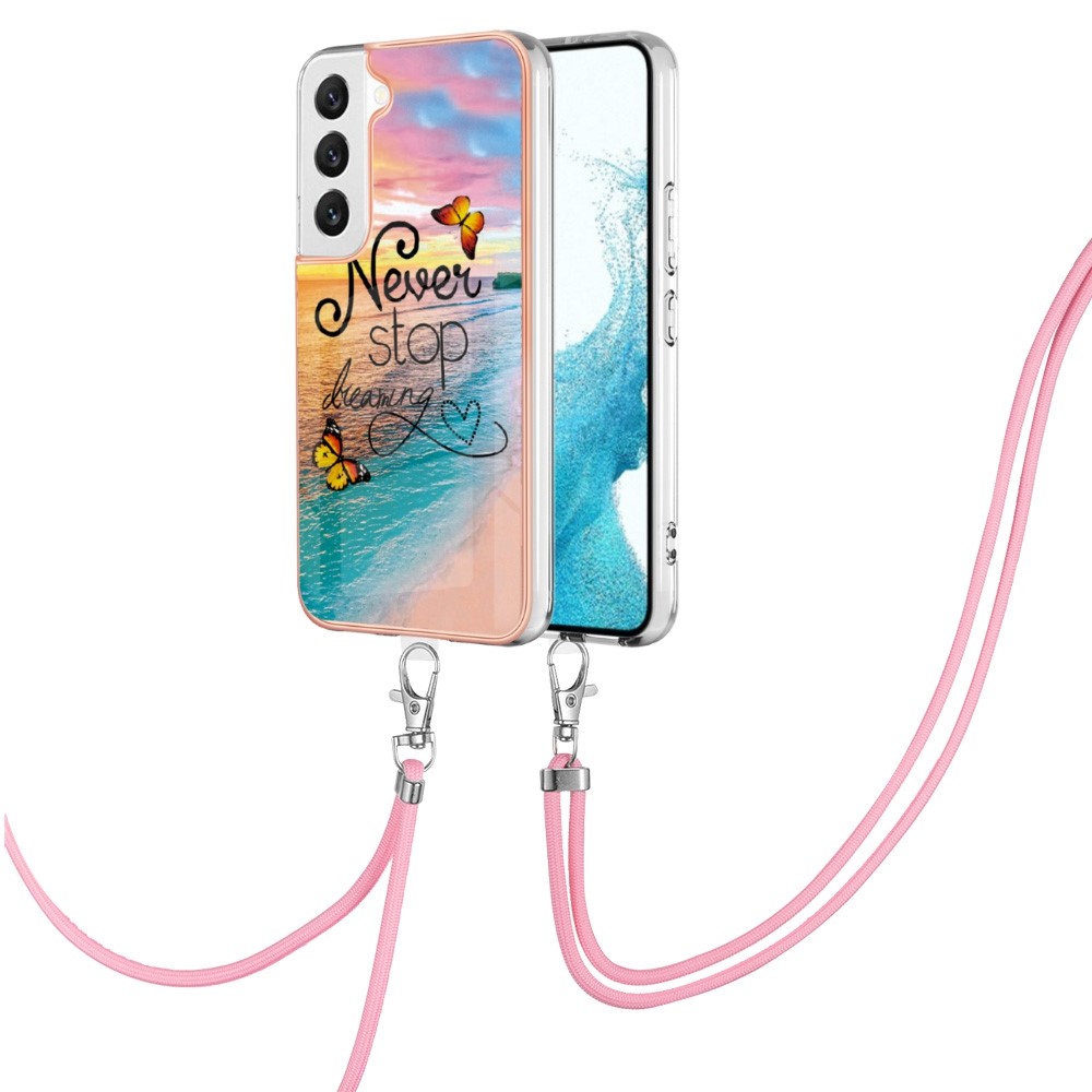 YB IMD Series-4 for Samsung Galaxy S22 5G IMD IML Electroplating Phone Case Marble Flower Pattern TPU Back Cover with Lanyard - Never Stop Dreaming-1