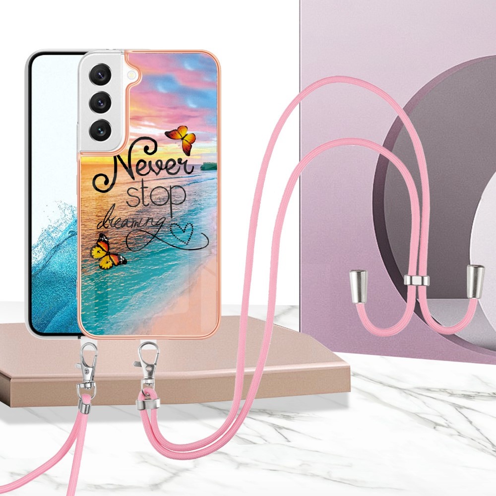 YB IMD Series-4 for Samsung Galaxy S22 5G IMD IML Electroplating Phone Case Marble Flower Pattern TPU Back Cover with Lanyard - Never Stop Dreaming-2