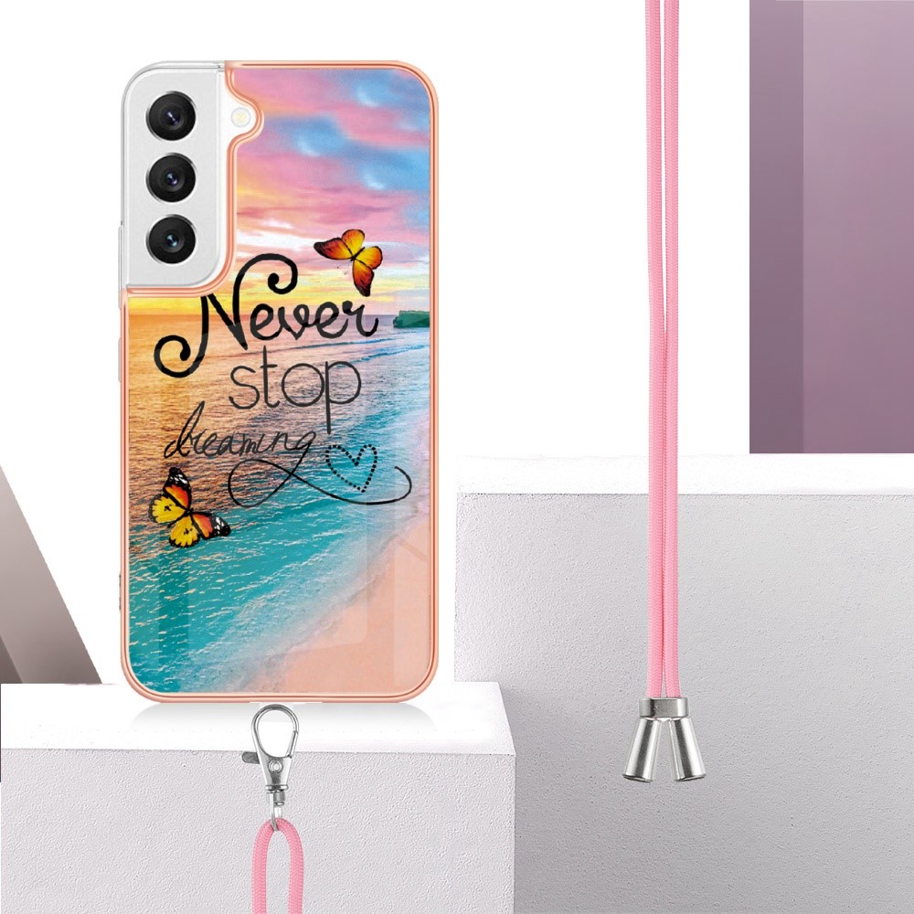 YB IMD Series-4 for Samsung Galaxy S22 5G IMD IML Electroplating Phone Case Marble Flower Pattern TPU Back Cover with Lanyard - Never Stop Dreaming-3