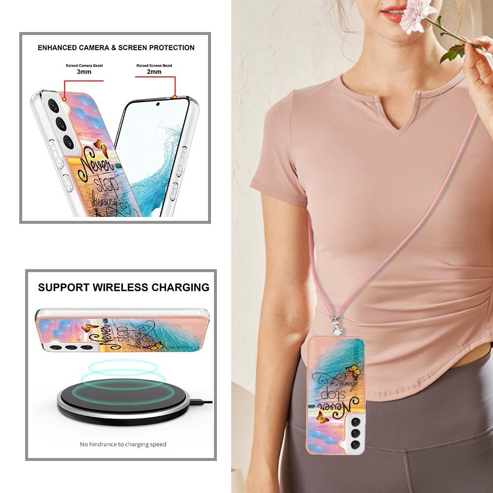 YB IMD Series-4 for Samsung Galaxy S22 5G IMD IML Electroplating Phone Case Marble Flower Pattern TPU Back Cover with Lanyard - Never Stop Dreaming-4