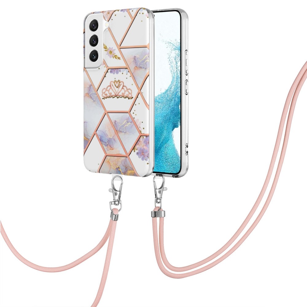 YB IMD Series-4 for Samsung Galaxy S22+ 5G IMD IML Electroplating TPU Case with Lanyard, Marble Flower Pattern Slim Phone Cover - Crown-1